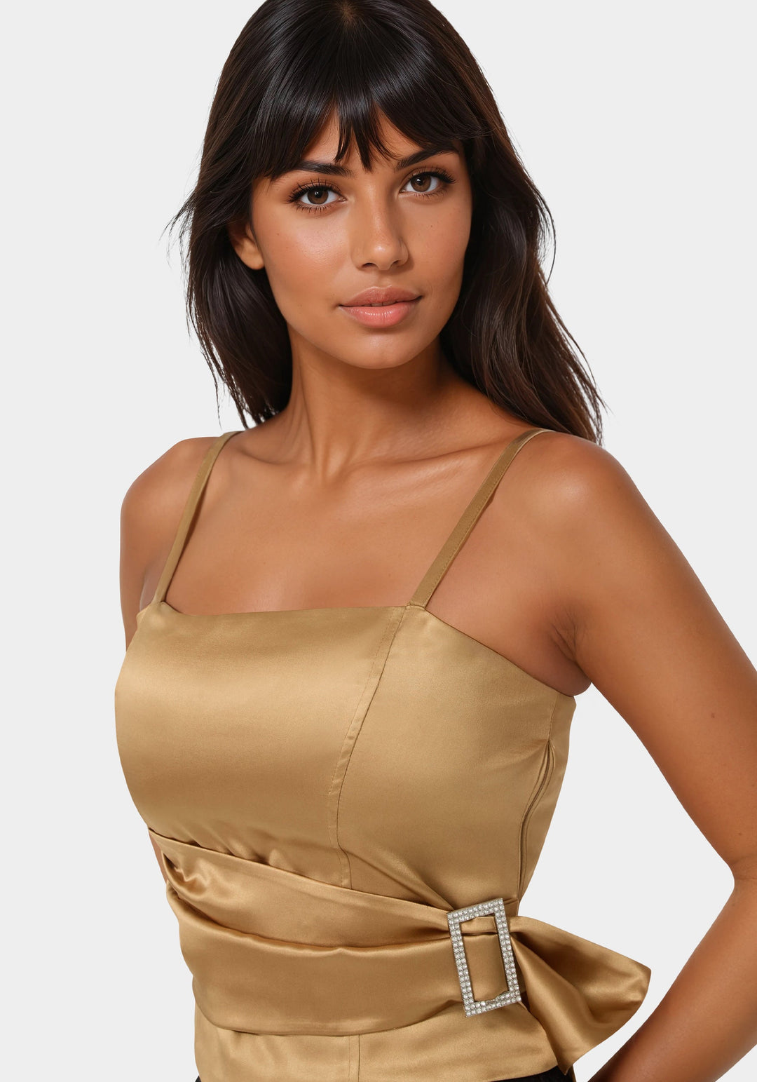Other View-Satin Rhinestone Buckle Corset Top-GOLD