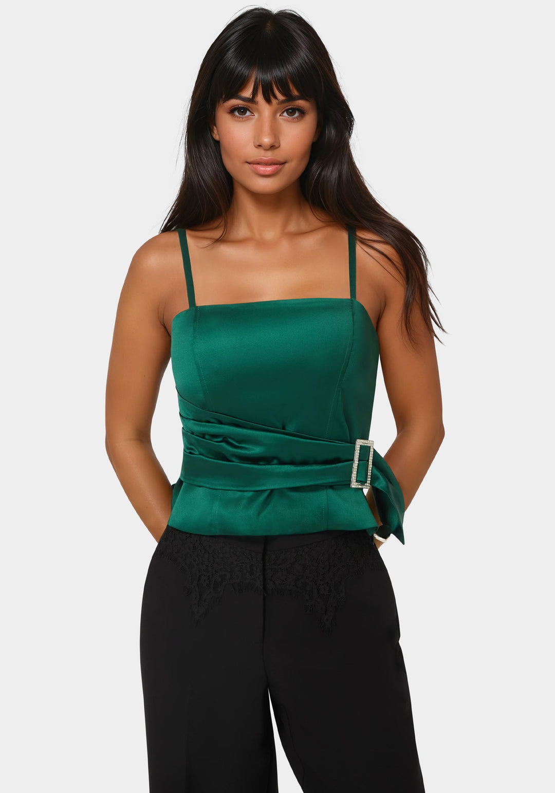 Front View-Satin Rhinestone Buckle Corset Top-SAPPHIRE GREEN