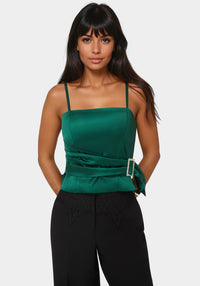 Front View-Satin Rhinestone Buckle Corset Top-SAPPHIRE GREEN