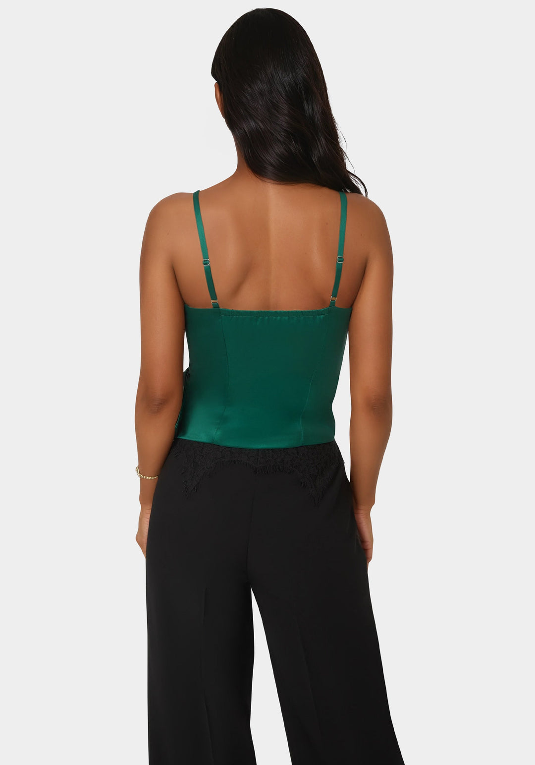 Back View-Satin Rhinestone Buckle Corset Top-SAPPHIRE GREEN