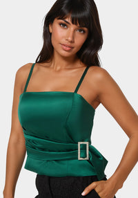 Other View-Satin Rhinestone Buckle Corset Top-SAPPHIRE GREEN