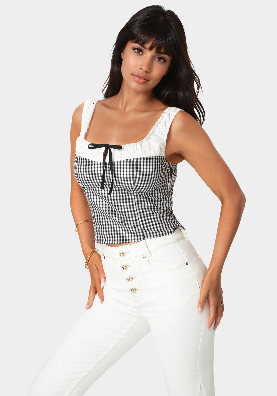 Front View-Gingham Front Tie Top-White Alyssum-Black