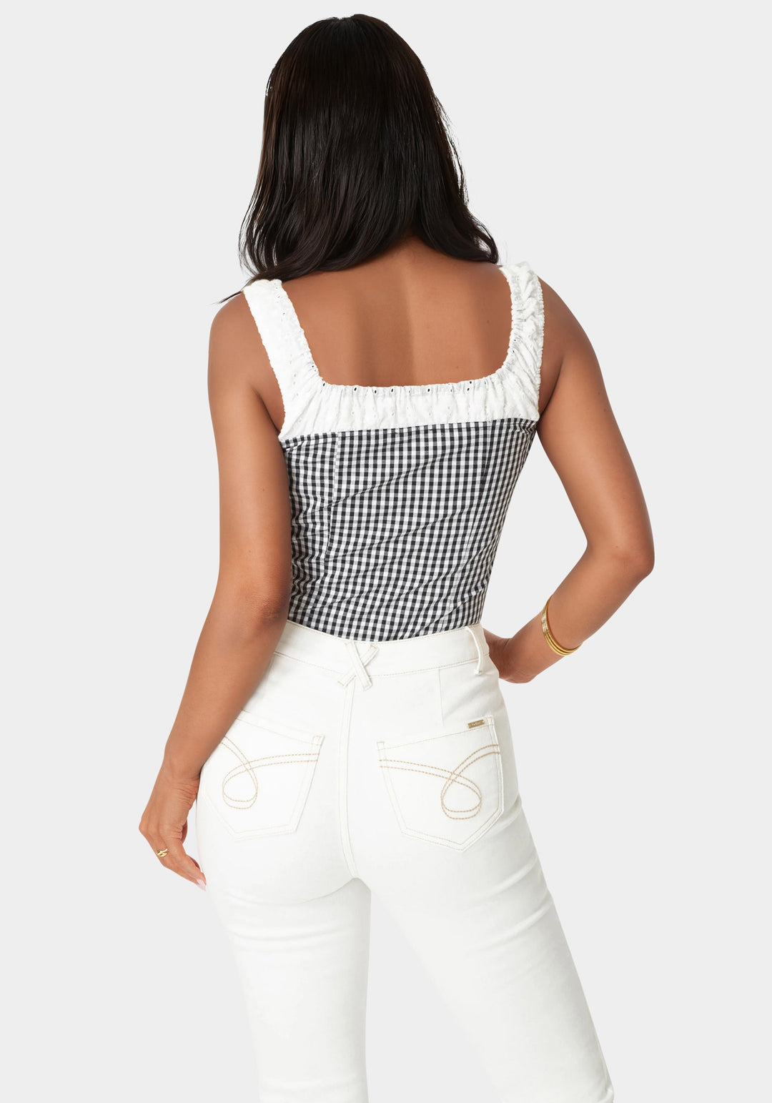 Back View-Gingham Front Tie Top-White Alyssum-Black