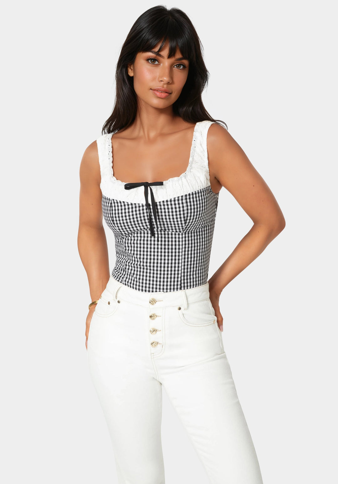 Detail View-Gingham Front Tie Top-White Alyssum-Black