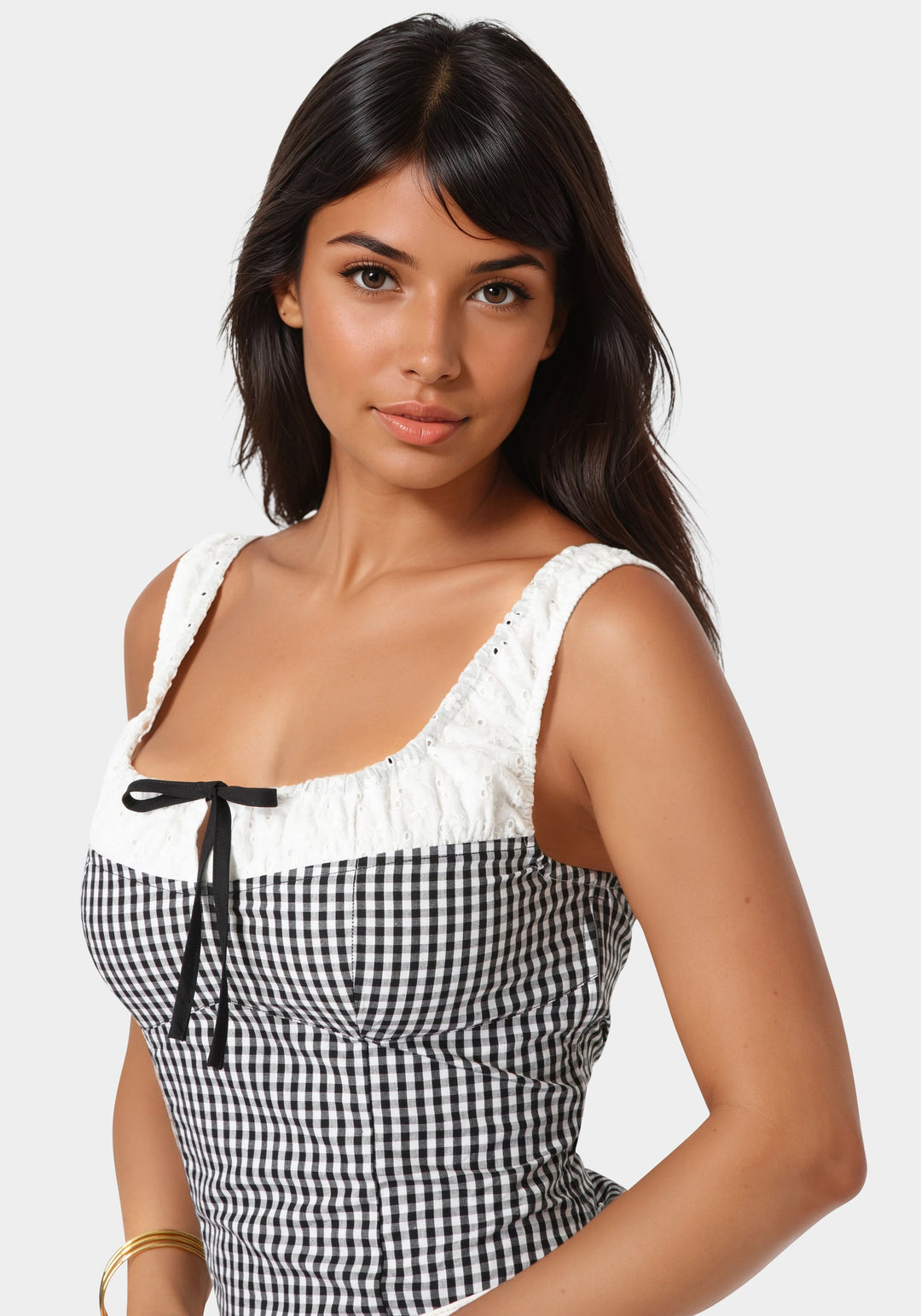 Side View-Gingham Front Tie Top-White Alyssum-Black