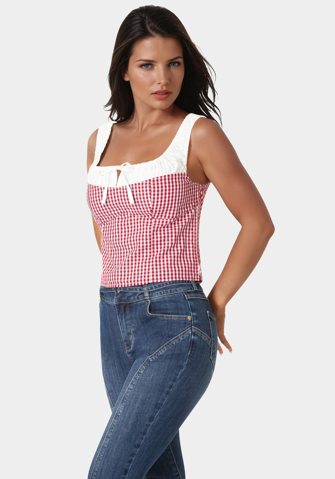 Side View-Gingham Front Tie Top-White Alyssum-Sunset Clay