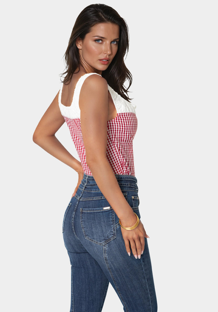 Back View-Gingham Front Tie Top-White Alyssum-Sunset Clay