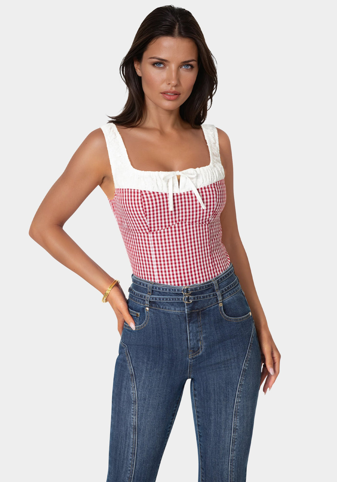 Front View-Gingham Front Tie Top-White Alyssum-Sunset Clay