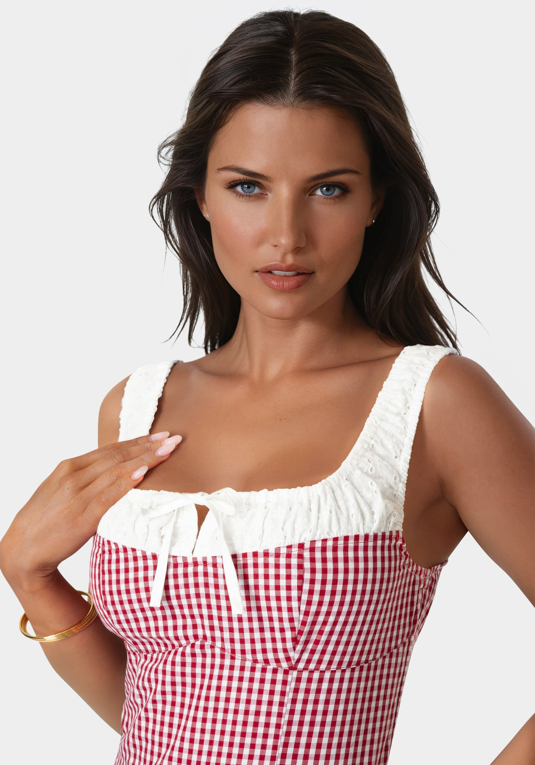 Other View-Gingham Front Tie Top-White Alyssum-Sunset Clay