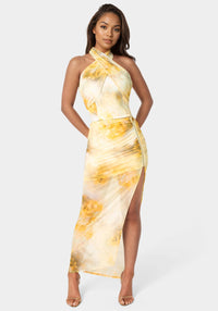 Detail View-Halter Wrap Tie Top-Mimosa Haze Print