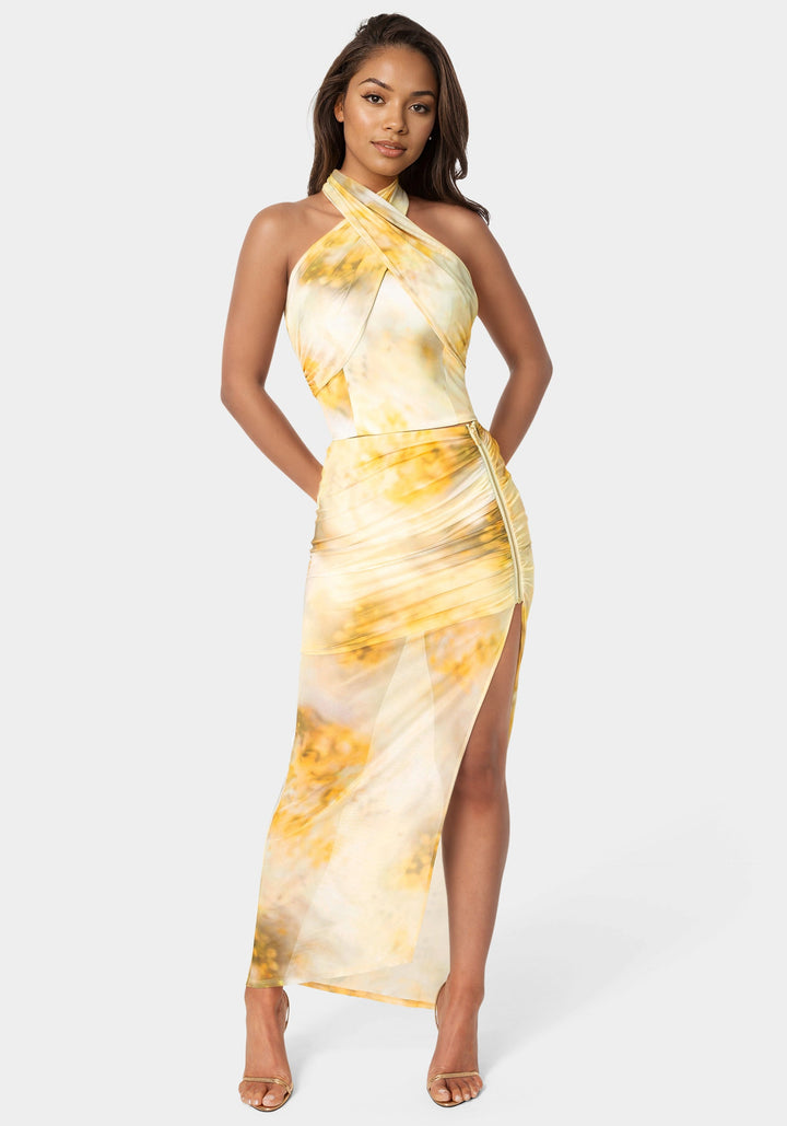 Detail View-Halter Wrap Tie Top-Mimosa Haze Print