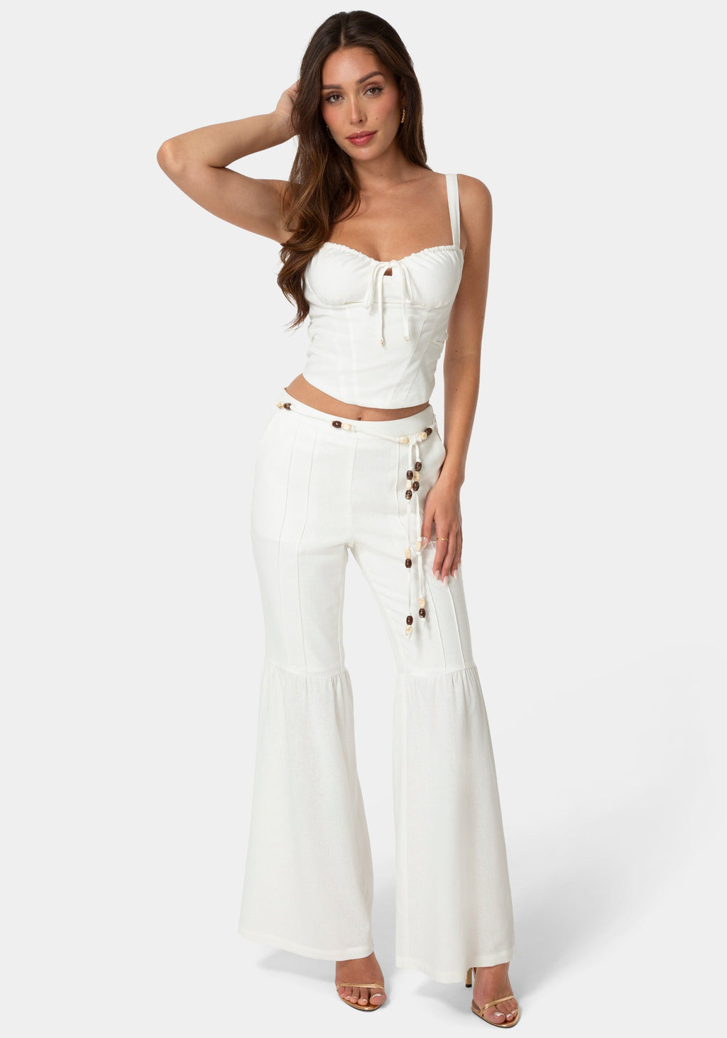 Detail View-FITTED LINEN BUSTIER-WHITE ALYSSUM