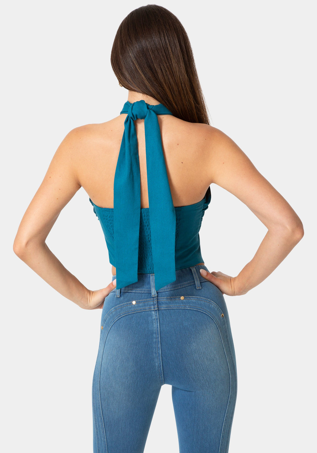 Back View-VERSATILE SCARF LINEN TOP-DEEP LAGOON