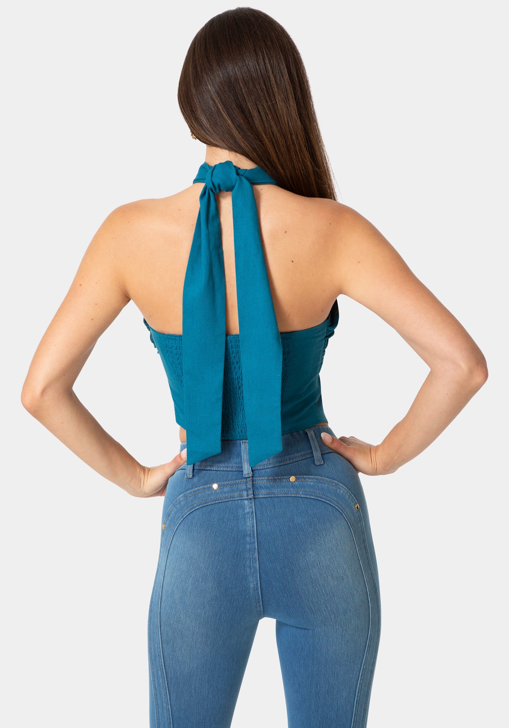 Back View-VERSATILE SCARF LINEN TOP-DEEP LAGOON
