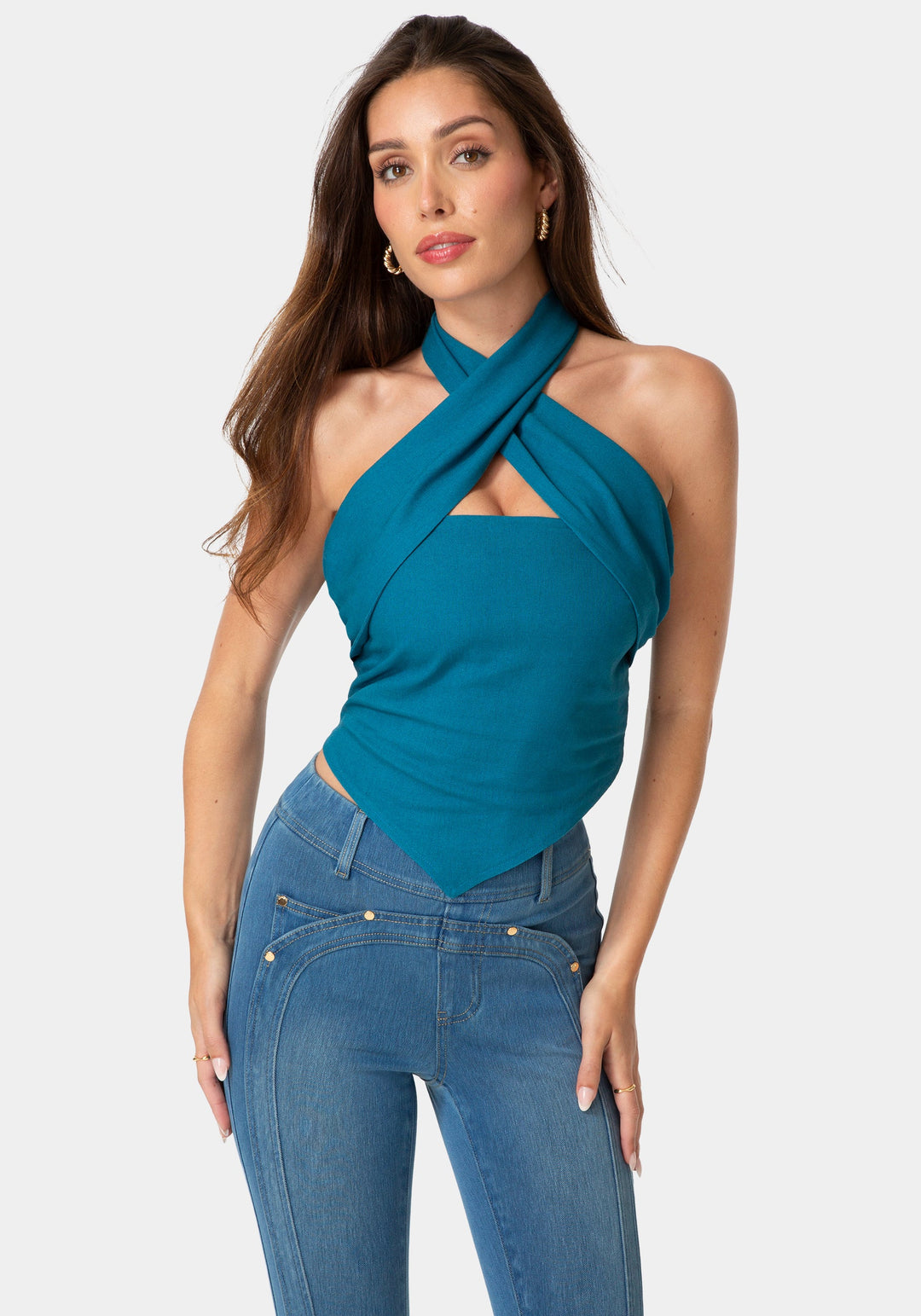 Front View-VERSATILE SCARF LINEN TOP-DEEP LAGOON