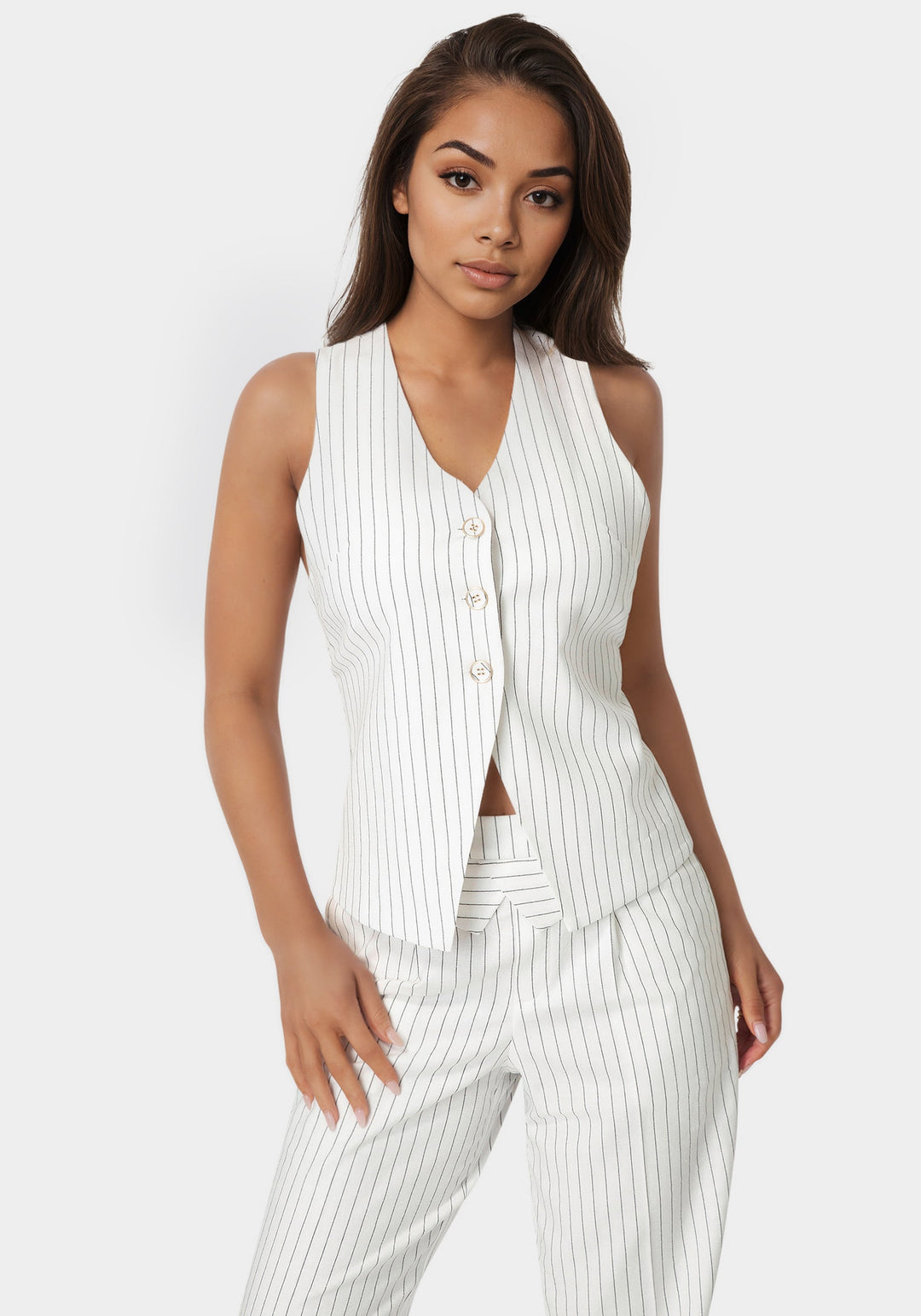 Front View-Pinstripe Linen Back Bow Vest-White Alyssum Pinstripe