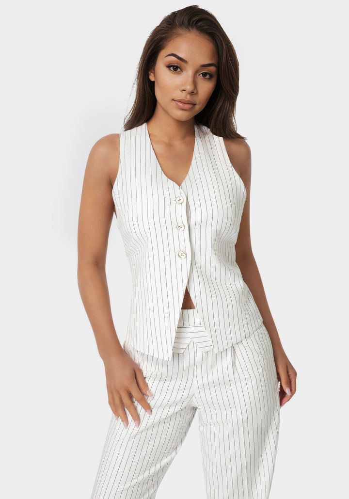 Front View-Pinstripe Linen Back Bow Vest-White Alyssum Pinstripe