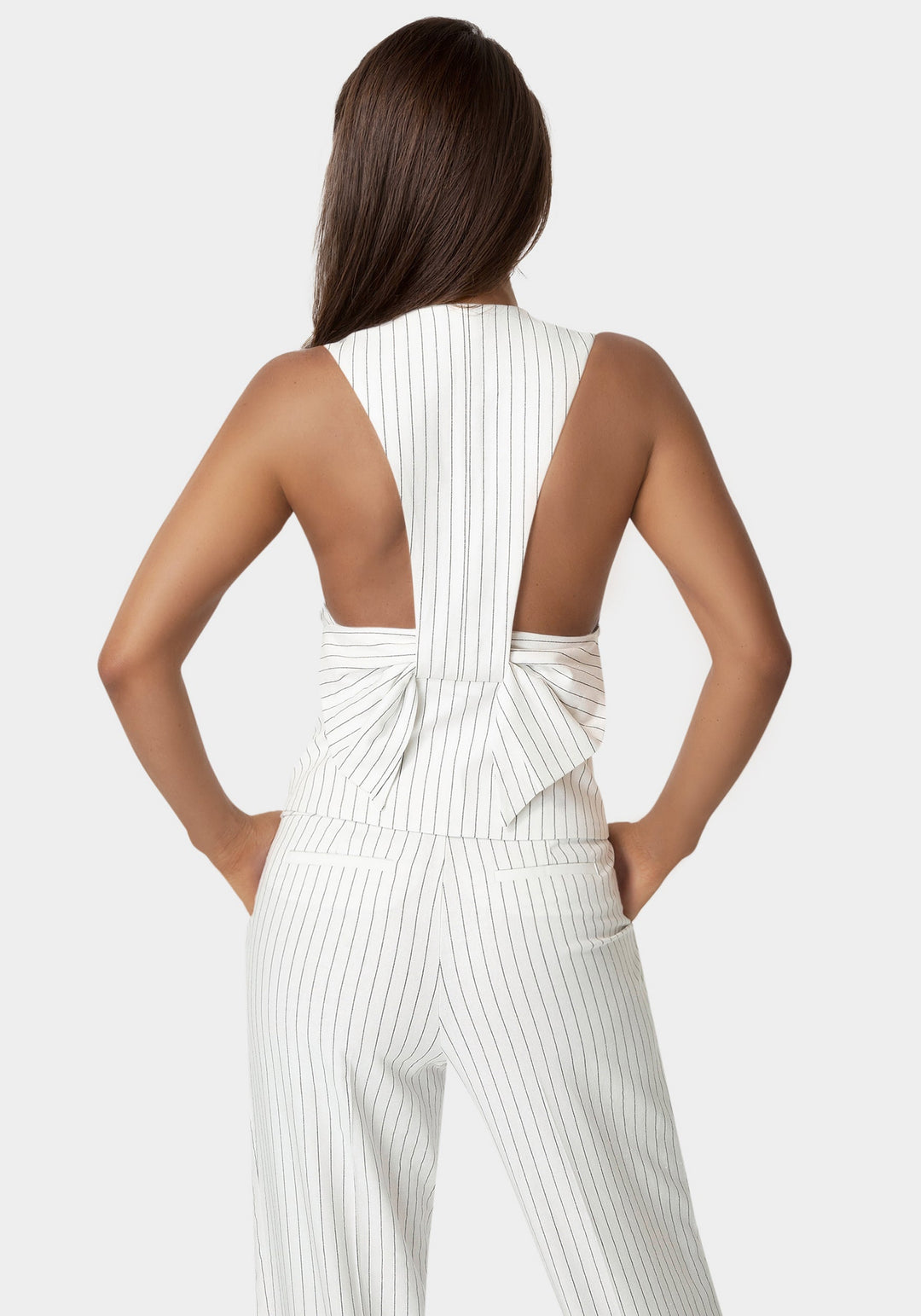 Back View-Pinstripe Linen Back Bow Vest-White Alyssum Pinstripe