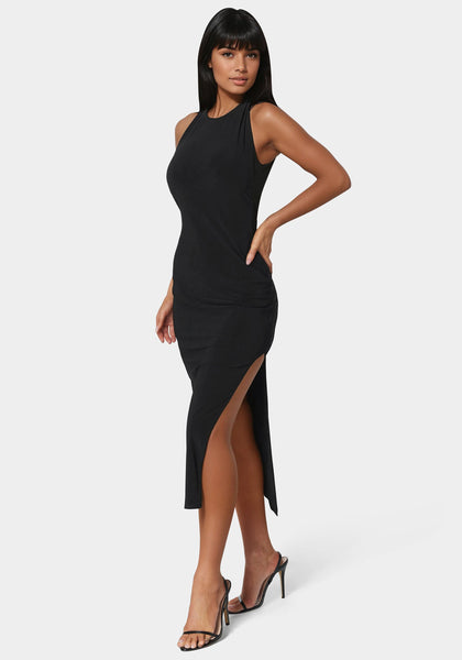 NEAT DRESS L タートルネック ニート ブラック High Neck Cowl Maxi With Slit Dress | bebe