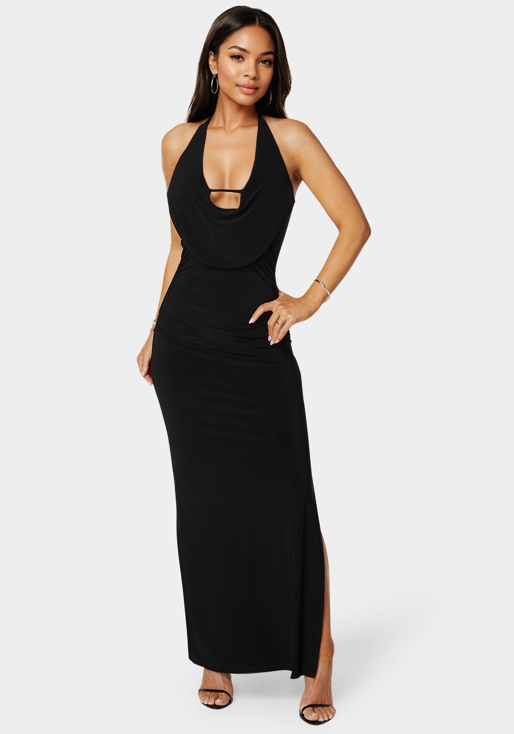 Bebe Women's Plunge Neck Cowl Maxi Dress, Size XL in Black Spandex