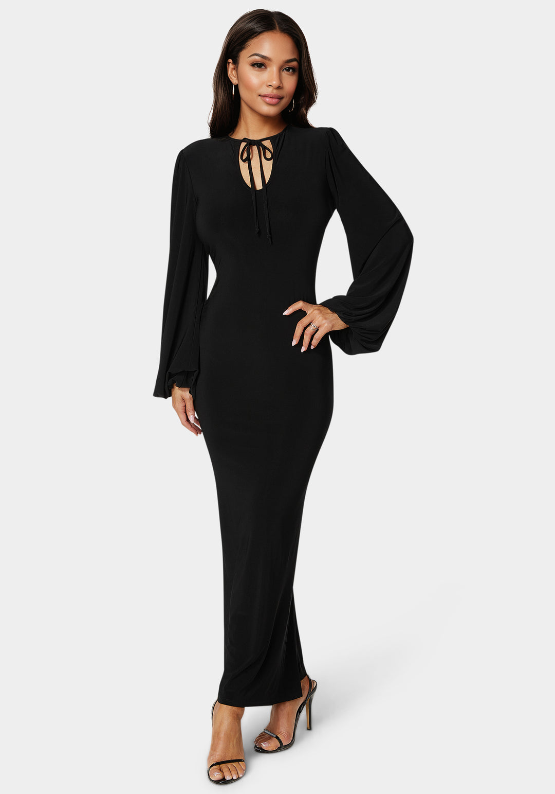 Poet Sleeve Tie Neck Maxi Dress bebe Poet Sleeve Tie Neck Maxi Dress bebe