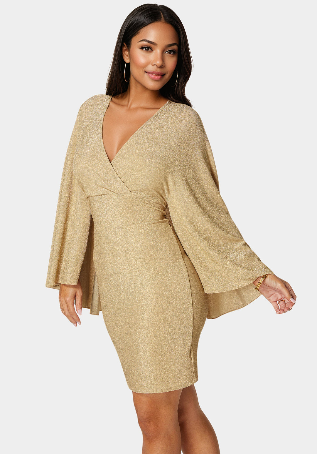Bebe Women's Plunge Neck Drama Cape Dress - Gold Bebe Women's Plunge Neck Drama Cape Dress - Gold