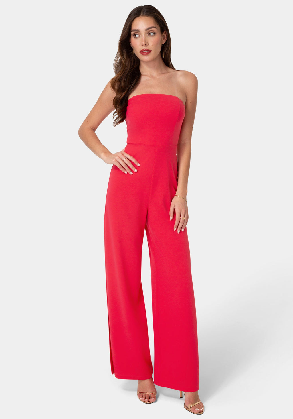 Front View-Strapless A-Line Jumpsuit-Fuchsia