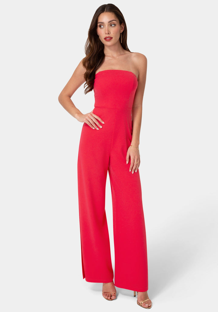 Front View-Strapless A-Line Jumpsuit-Fuchsia