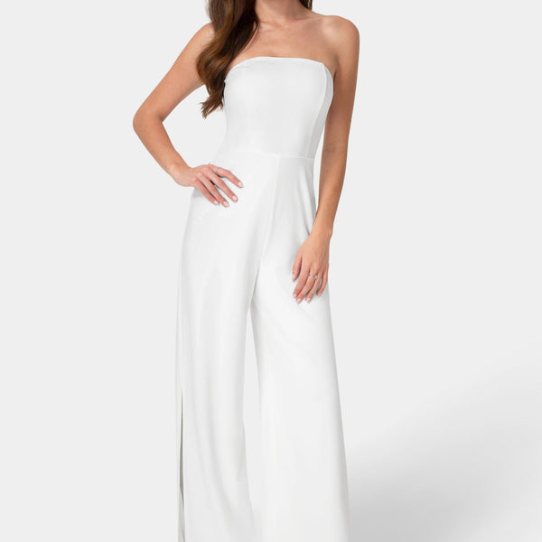 Front View-Strapless A-Line Jumpsuit-White