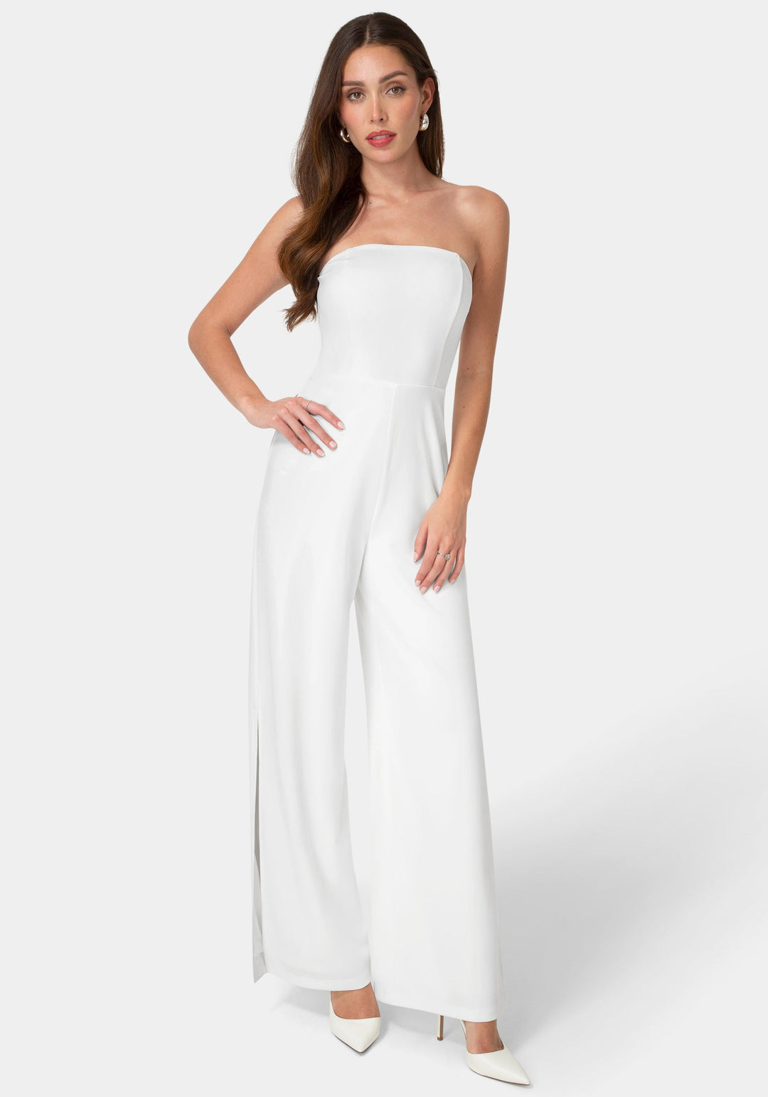 Front View-Strapless A-Line Jumpsuit-White