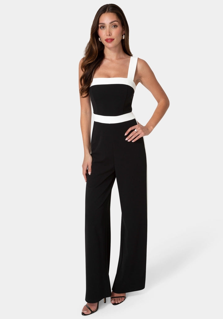Front View-Colorblock Square Neck Jumpsuit-Black/White