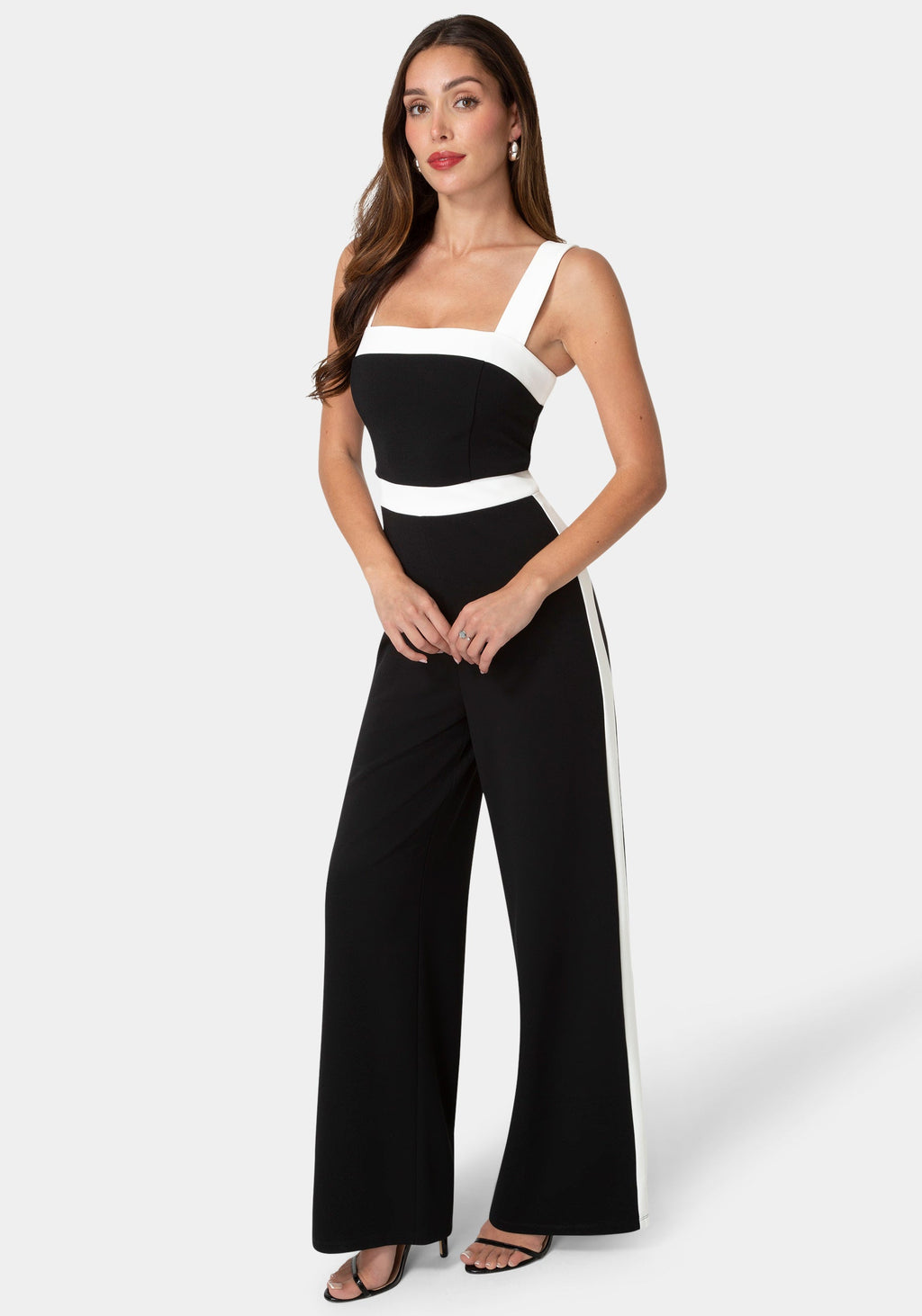 Side View-Colorblock Square Neck Jumpsuit-Black/White