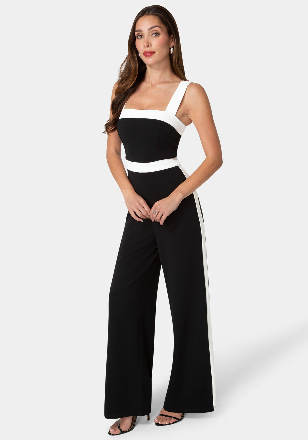 Side View-Colorblock Square Neck Jumpsuit-Black/White