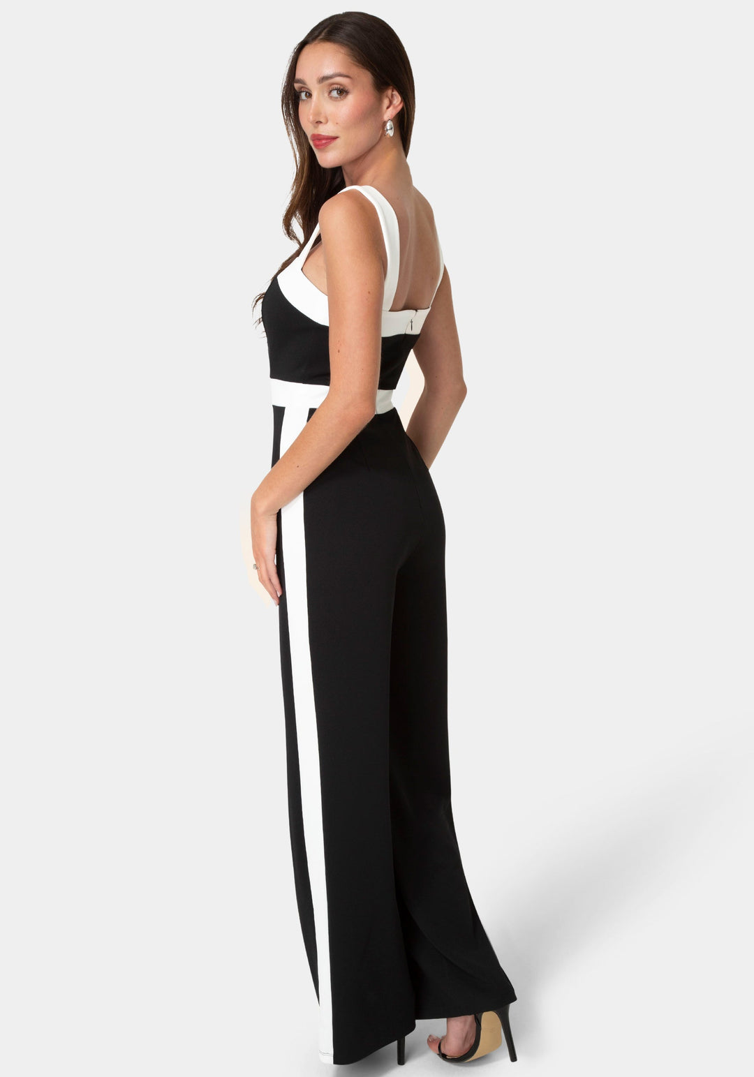 Back View-Colorblock Square Neck Jumpsuit-Black/White