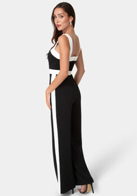 Back View-Colorblock Square Neck Jumpsuit-Black/White