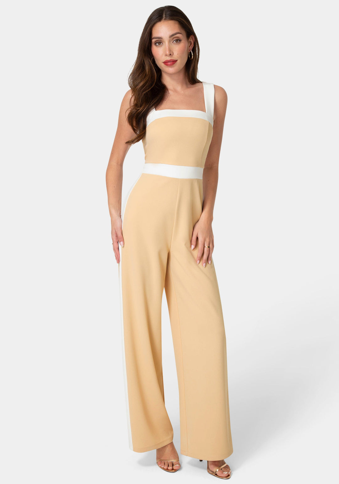 Front View-Colorblock Square Neck Jumpsuit-Nude/White