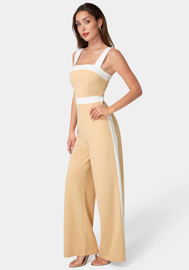 Side View-Colorblock Square Neck Jumpsuit-Nude/White