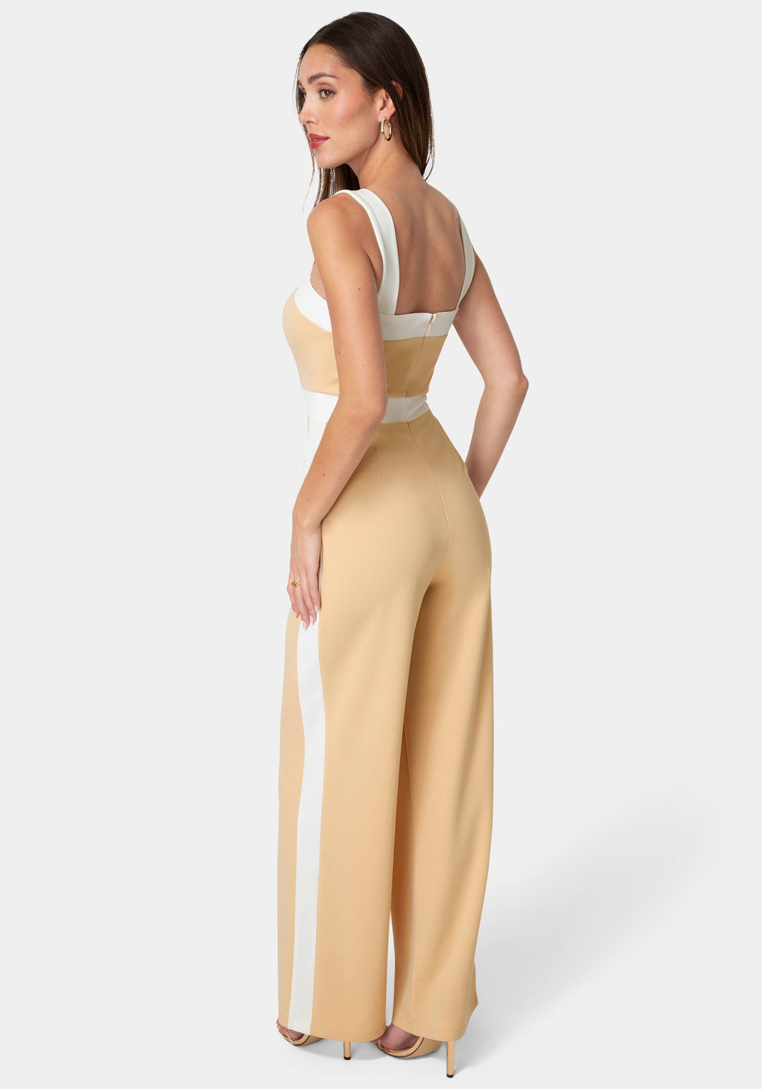 Back View-Colorblock Square Neck Jumpsuit-Nude/White