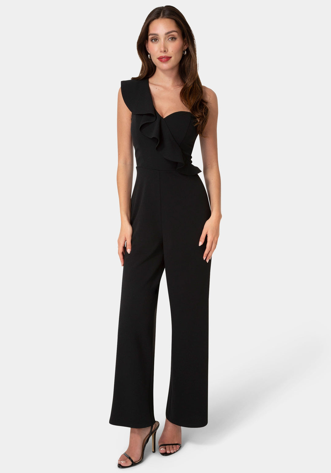 Front View-One Shoulder Ruffle Jumpsuit-Black