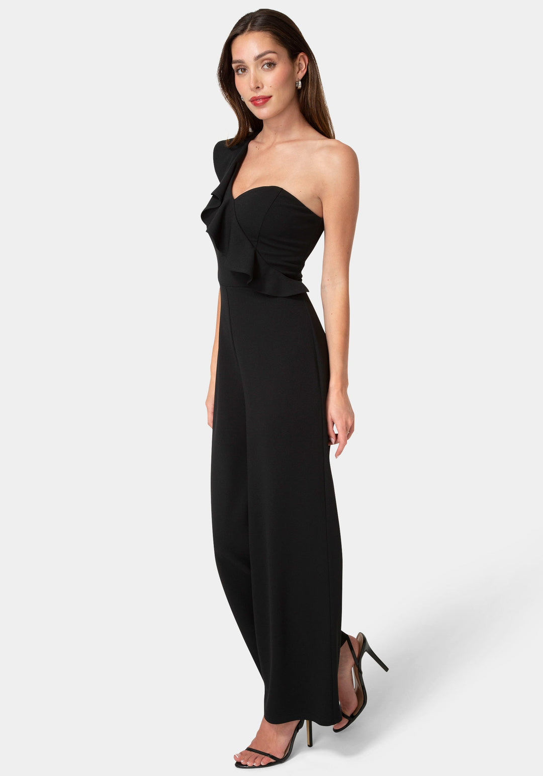 Bebe Women's One Shoulder Ruffle Jumpsuit, Size Large in Black Polyester/Spandex Bebe Women's One Shoulder Ruffle Jumpsuit, Size Large in Black Polyester/Spandex
