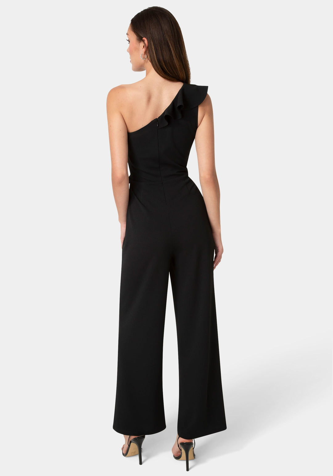 Back View-One Shoulder Ruffle Jumpsuit-Black