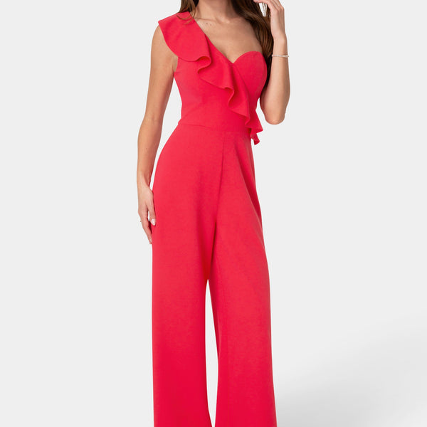 Front View-One Shoulder Ruffle Jumpsuit-Fuchsia