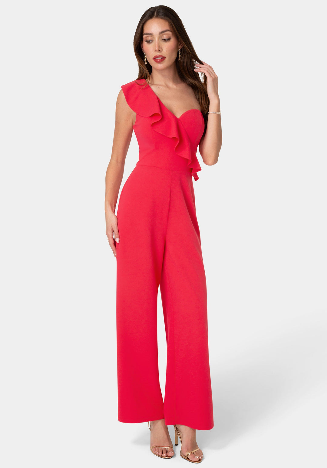 Front View-One Shoulder Ruffle Jumpsuit-Fuchsia