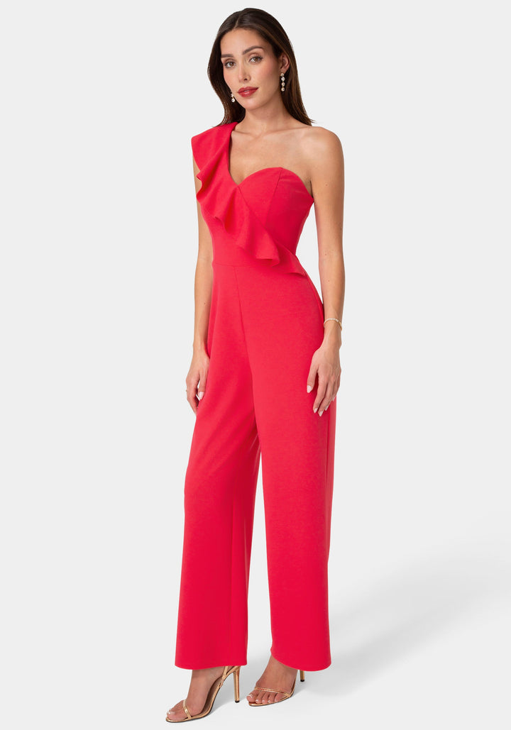 Side View-One Shoulder Ruffle Jumpsuit-Fuchsia