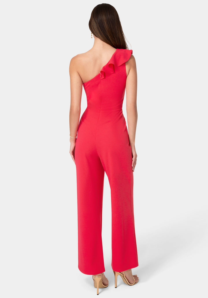 Back View-One Shoulder Ruffle Jumpsuit-Fuchsia