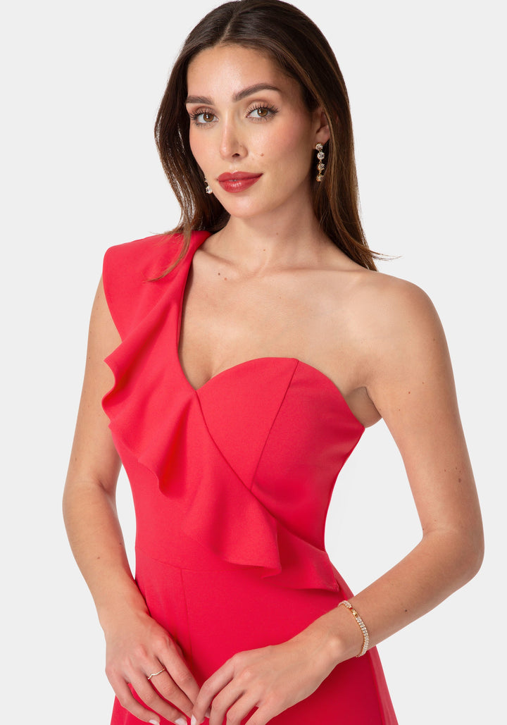 Other View-One Shoulder Ruffle Jumpsuit-Fuchsia