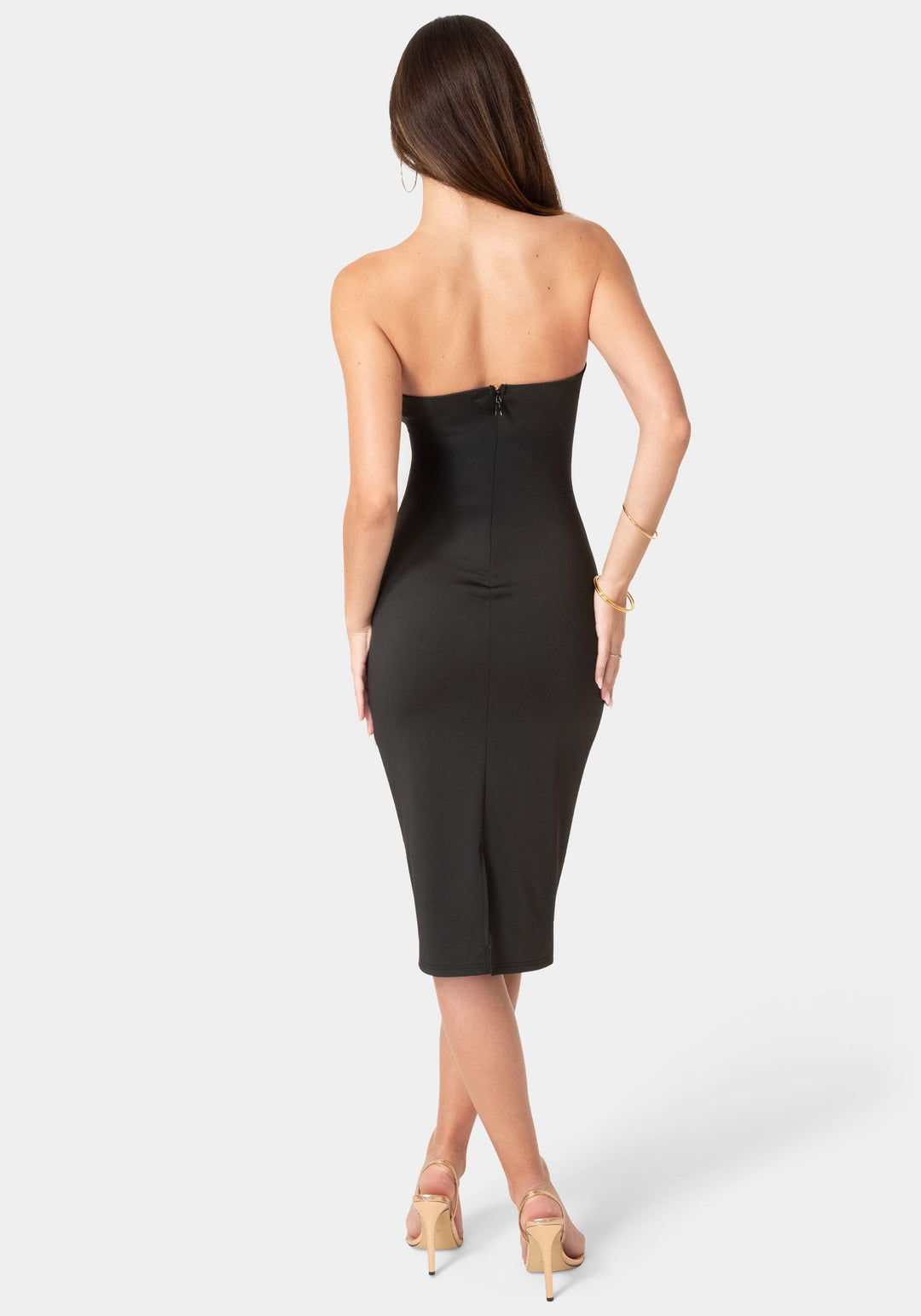 Back View-Strapless Cutout Slim Midi Dress-Black