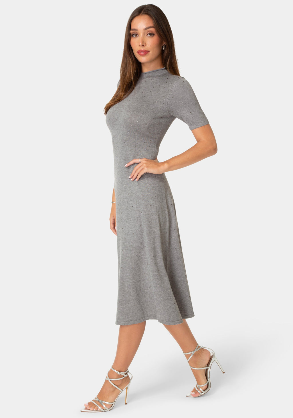 Side View-SWEATER DRESS WITH CRYSTAL-Charcoal