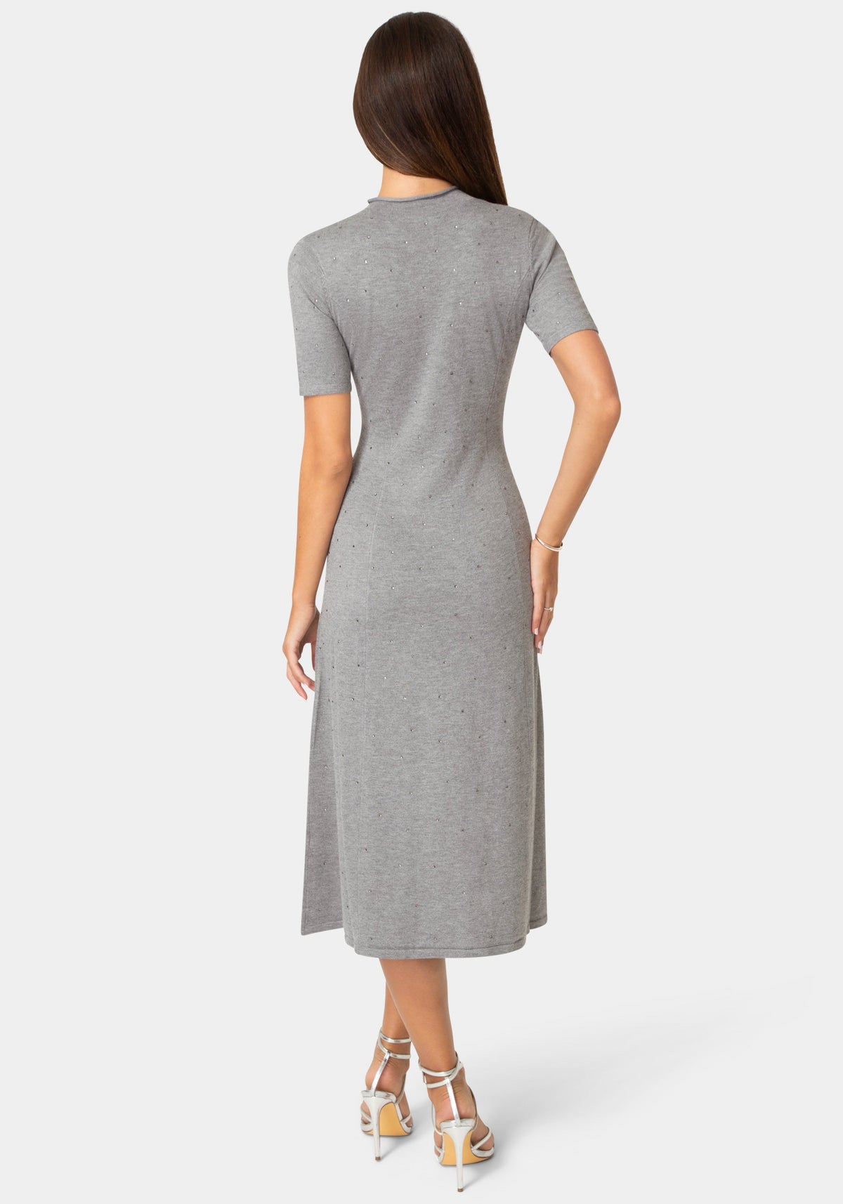 Back View-SWEATER DRESS WITH CRYSTAL-Charcoal