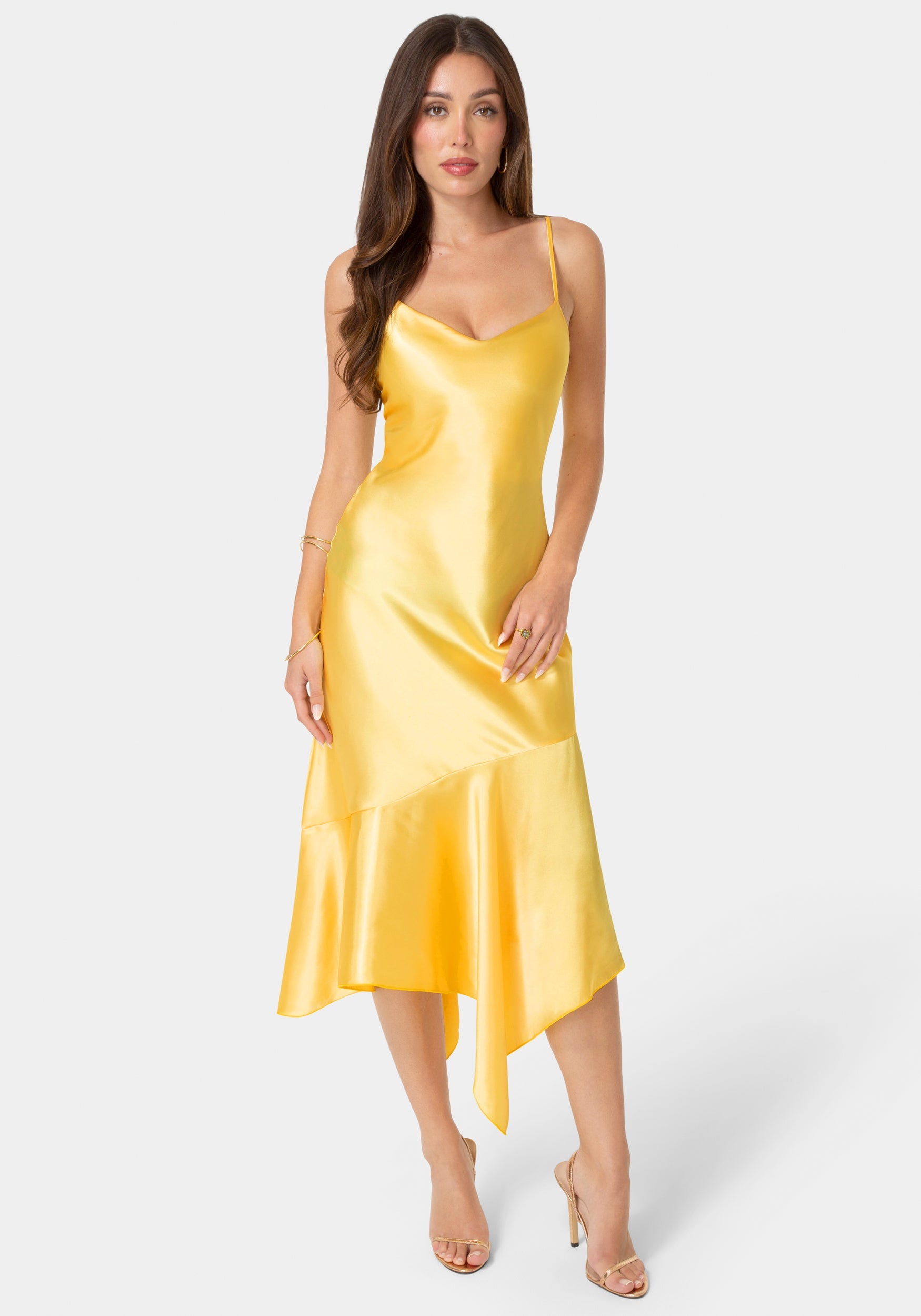 Bebe Women's Satin V-Neck Hanky Maxi Dress